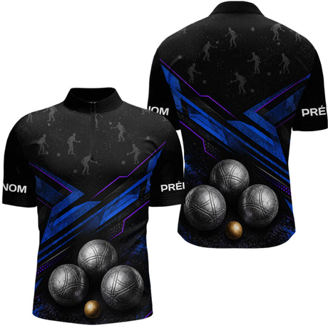 Polo Pétanque Bleu Noir & Boules 3D - Cadeau Boules - Polo Zippé Homme