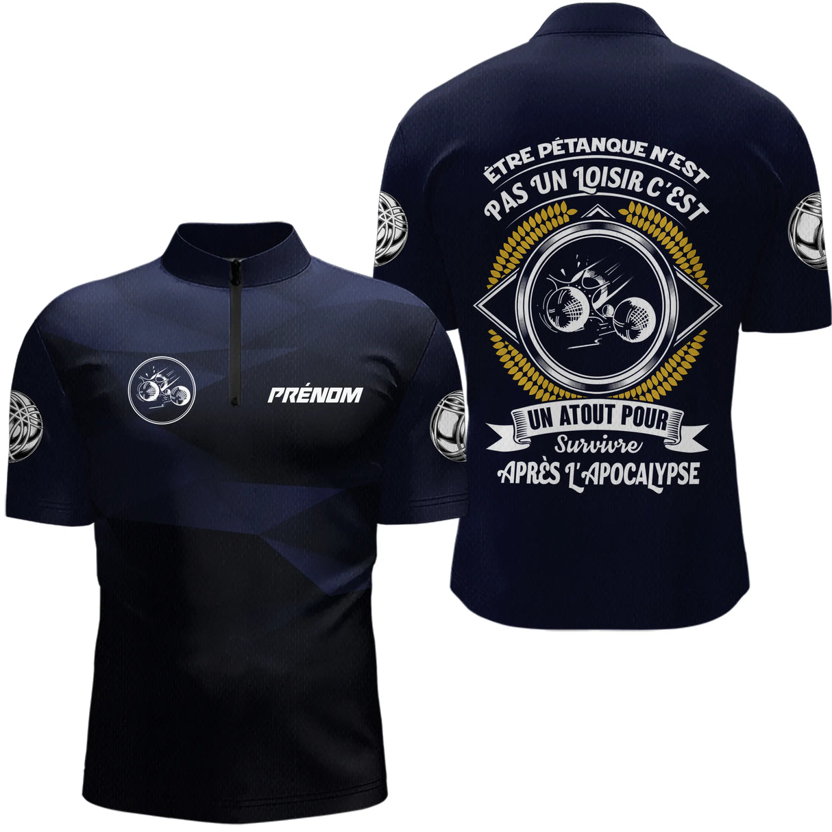 Polo Pétanque Bleu Nuit - Joueur Boules Personnalisé - Polo Zippé Homme