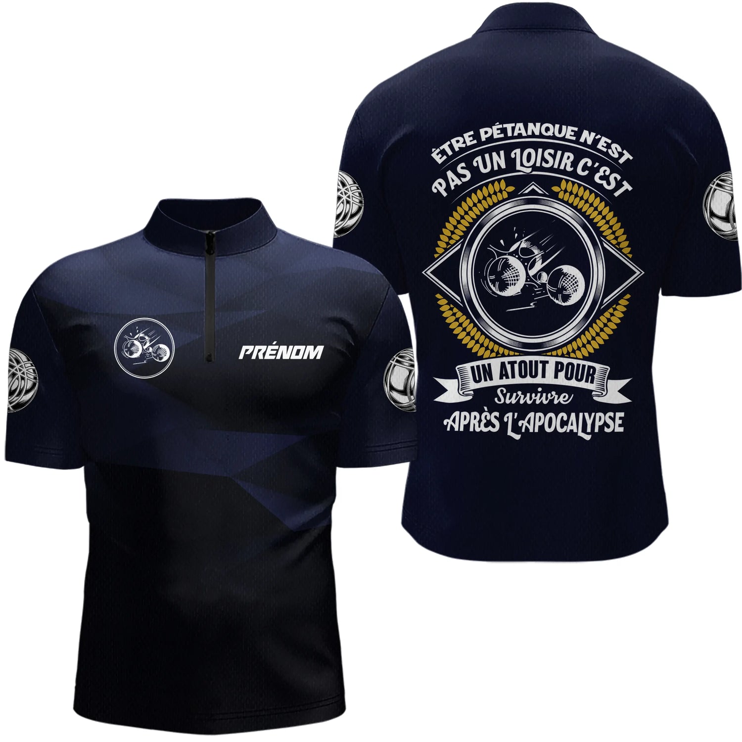 Polo Pétanque Bleu Nuit - Joueur Boules Personnalisé - Polo Zippé Homme