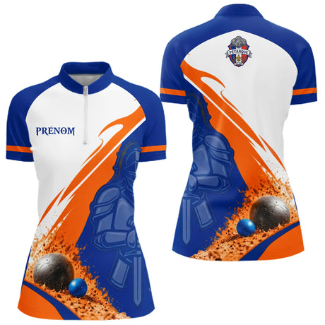 Polo Pétanque Bleu Orange Personnalisé - Style Chevalier - Polo Zippé Femme