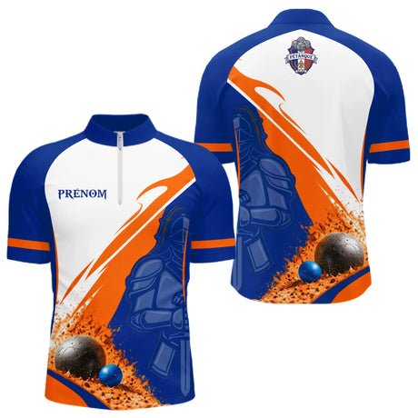 Polo Pétanque Bleu Orange Personnalisé - Style Chevalier - Polo Zippé Homme