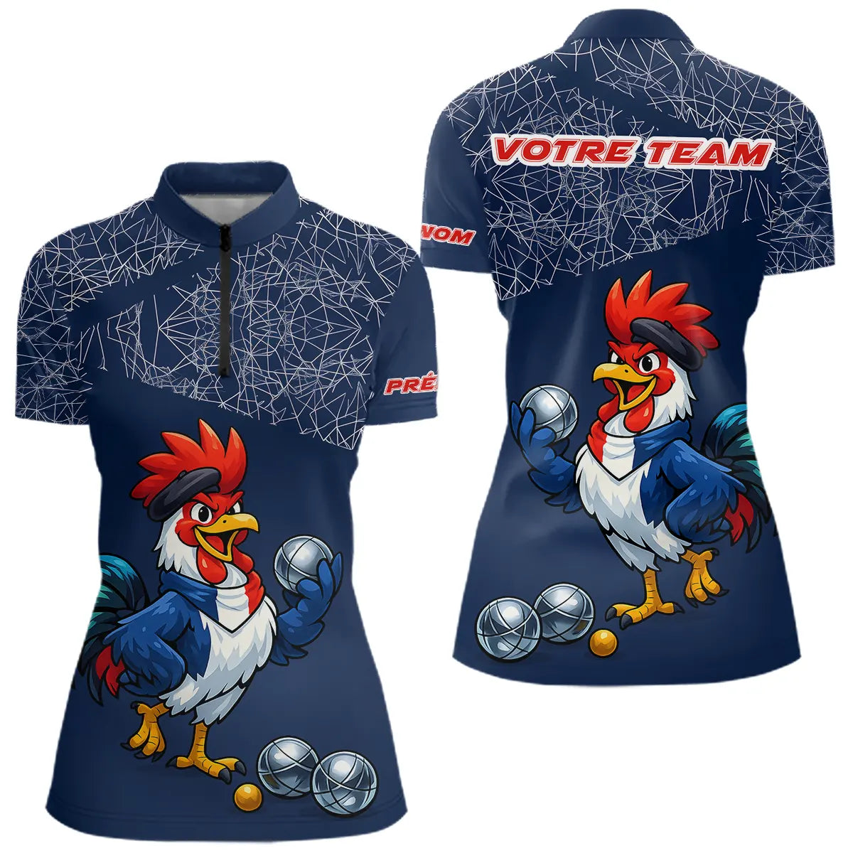 Polo Pétanque Bleu Performance - Coq Gaulois Personnalisé - Polo Zippé Femme