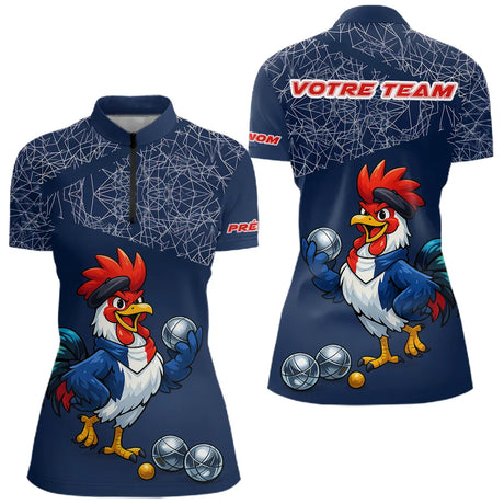 Polo Pétanque Bleu Performance - Coq Gaulois Personnalisé - Polo Zippé Femme