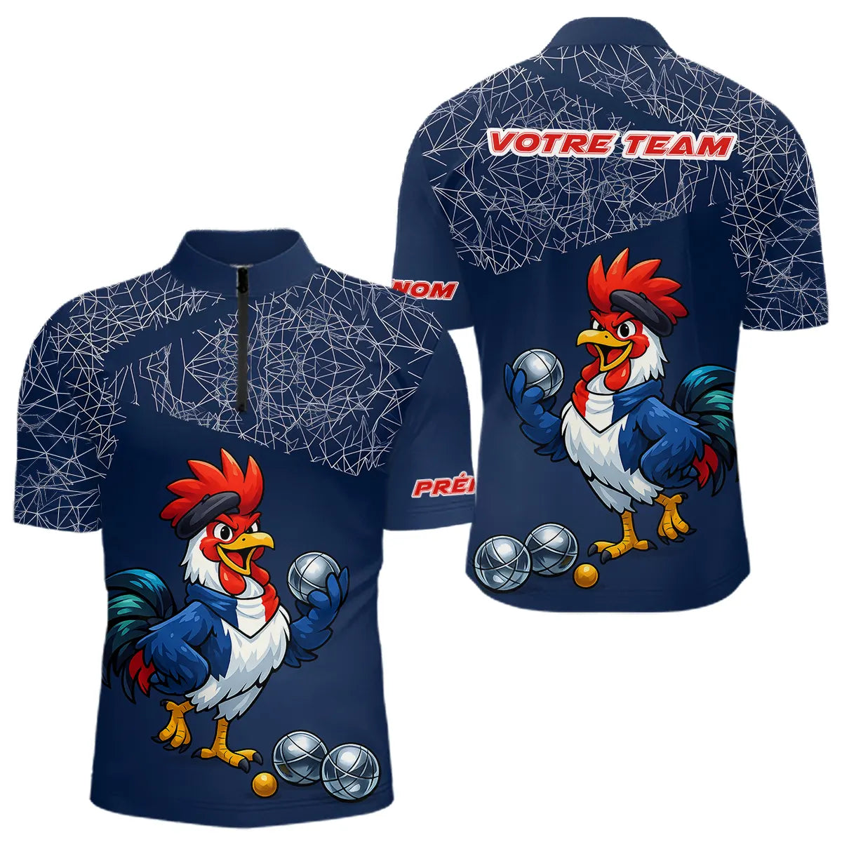 Polo Pétanque Bleu Performance - Coq Gaulois Personnalisé - Polo Zippé Homme