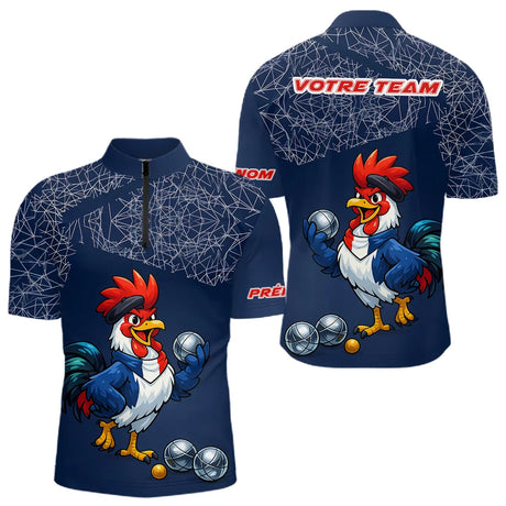 Polo Pétanque Bleu Performance - Coq Gaulois Personnalisé - Polo Zippé Homme