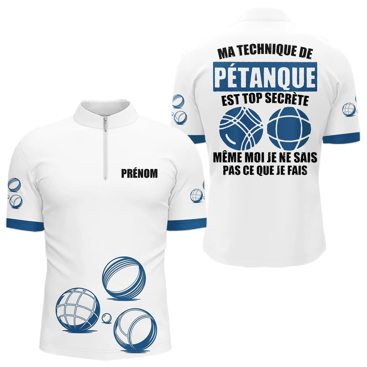 Polo Pétanque Bleu Personnalisé - Cadeau Bouliste Homme Femme - Polo Zippé Homme