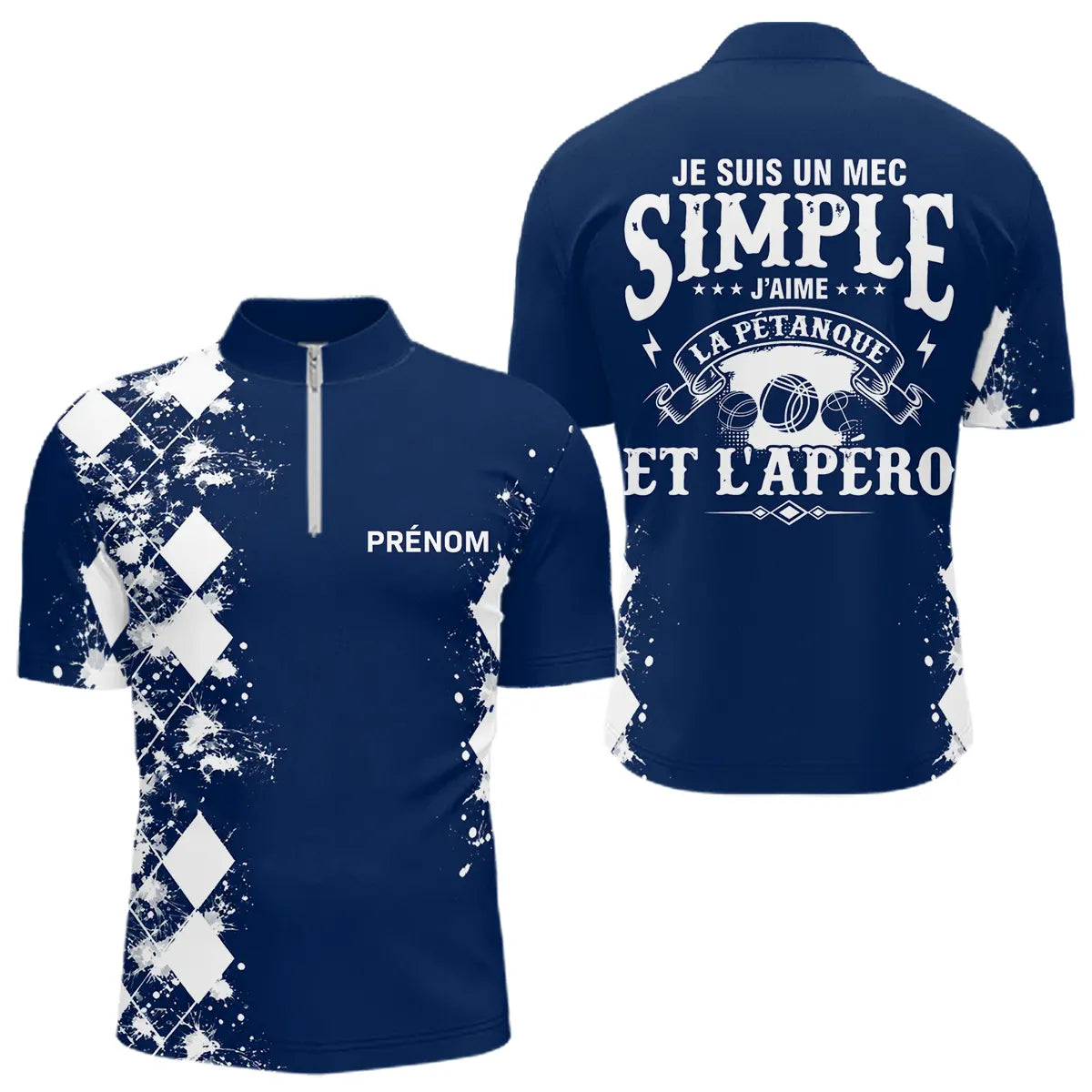 Polo Pétanque Bleu Personnalisé - Cadeau Idéal Boules & Apéro - Polo Zippé Homme