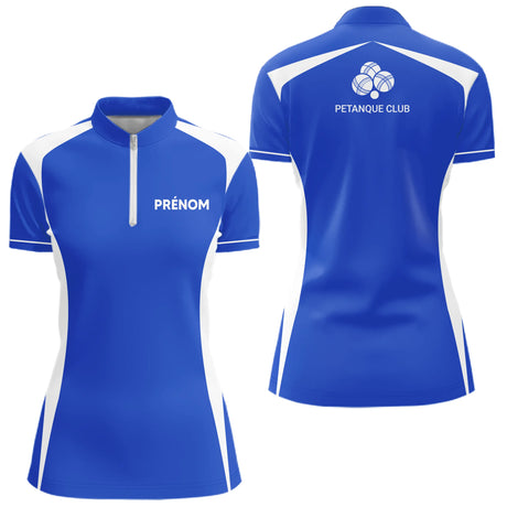 Polo Pétanque Bleu Personnalisé - Design Club Exclusif Boules - Polo Zippé Femme