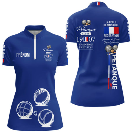 Polo Pétanque Bleu Personnalisé - Tradition & Club - Polo Zippé Femme
