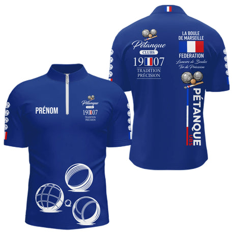 Polo Pétanque Bleu Personnalisé - Tradition & Club - Polo Zippé Homme