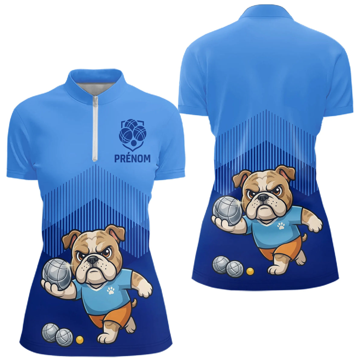 Polo Pétanque Bleu Personnalisé – Collection Bulldog Champion - Polo Zippé Femme