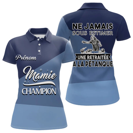 Polo Pétanque Bleu Retraité Personnalisé - Papa Mama Champion - Polo Femme