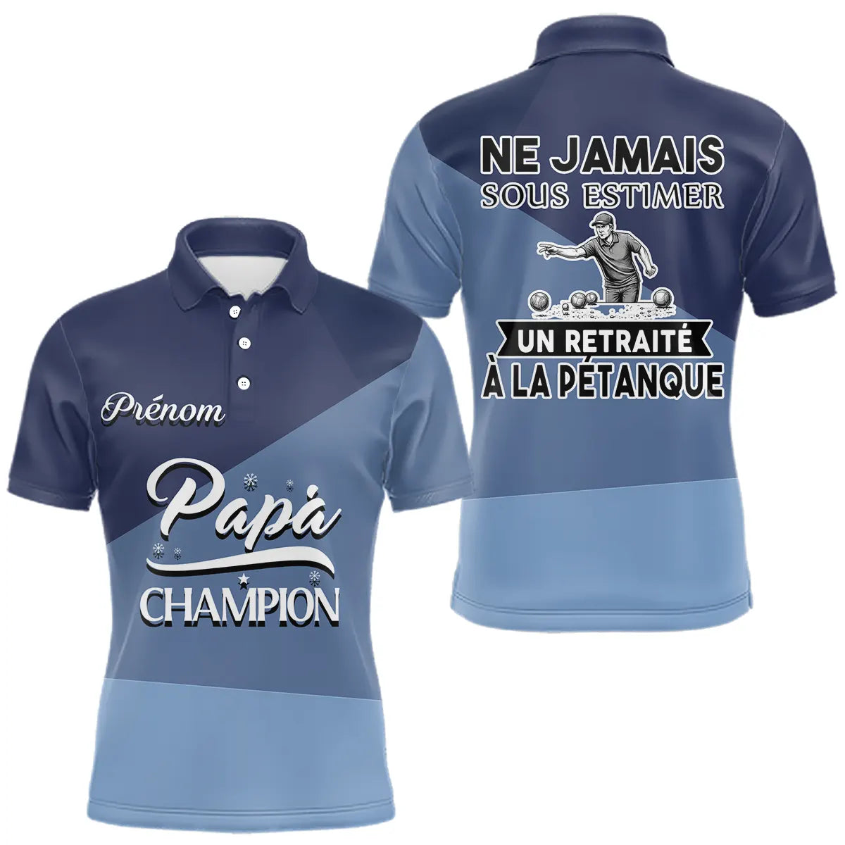Polo Pétanque Bleu Retraité Personnalisé - Papa Mama Champion - Polo Homme