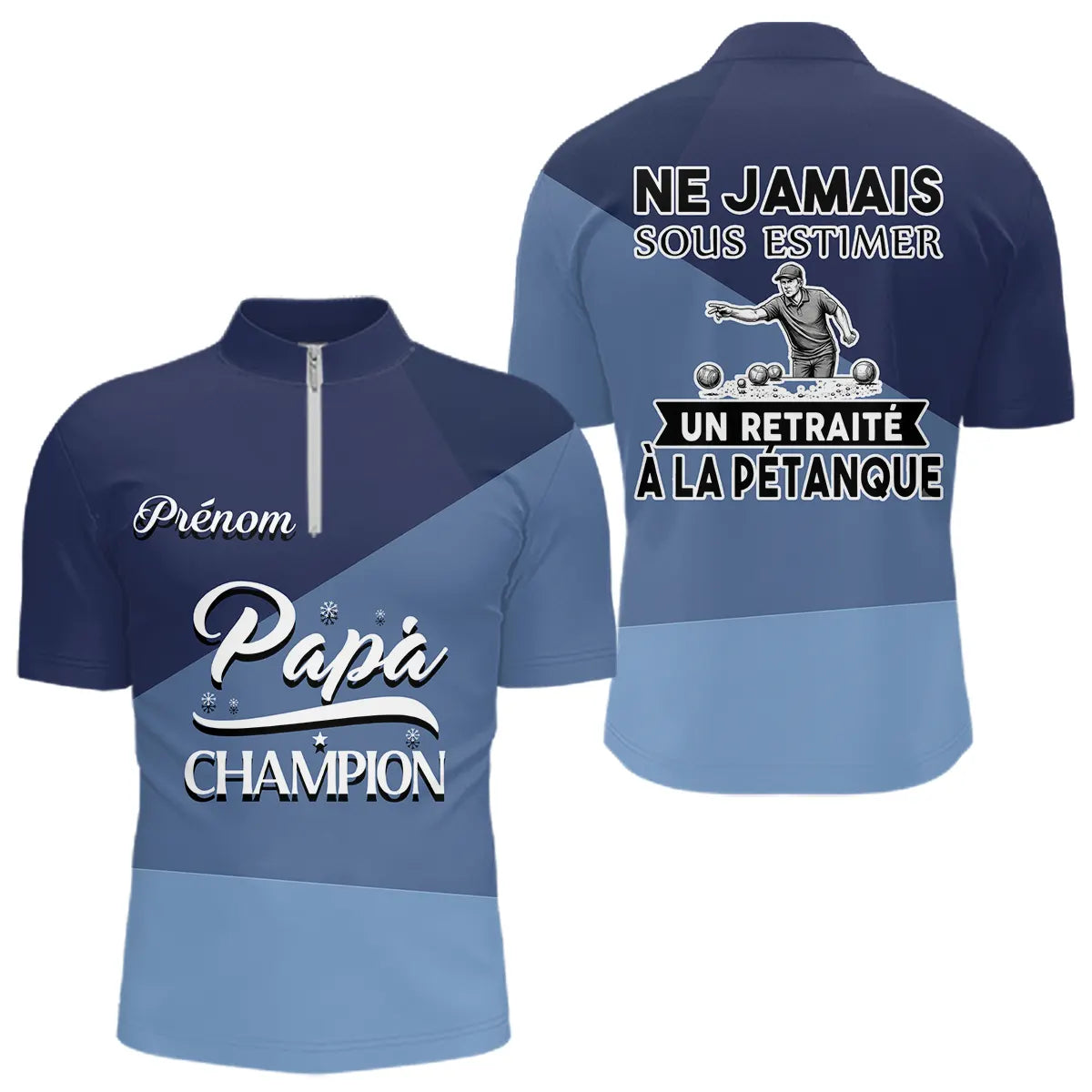 Polo Pétanque Bleu Retraité Personnalisé - Papa Mama Champion - Polo Zippé Homme