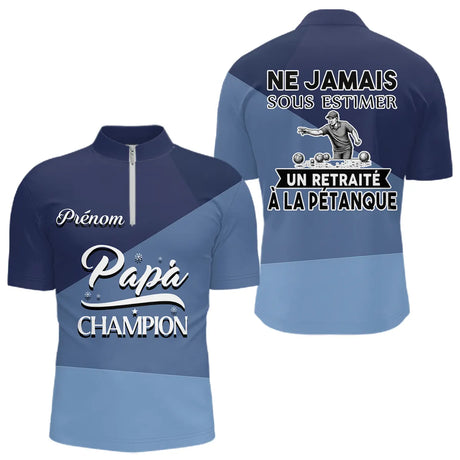 Polo Pétanque Bleu Retraité Personnalisé - Papa Mama Champion - Polo Zippé Homme