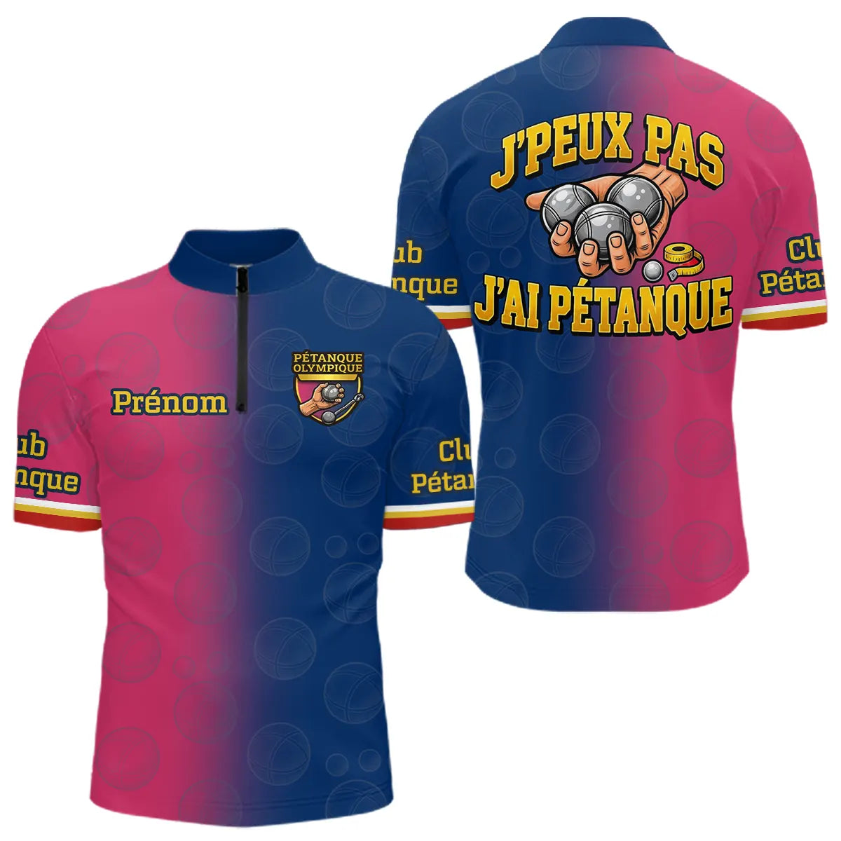 Polo Pétanque Bleu Rose - Homme Femme J'ai Pétanque - Polo Zippé Homme