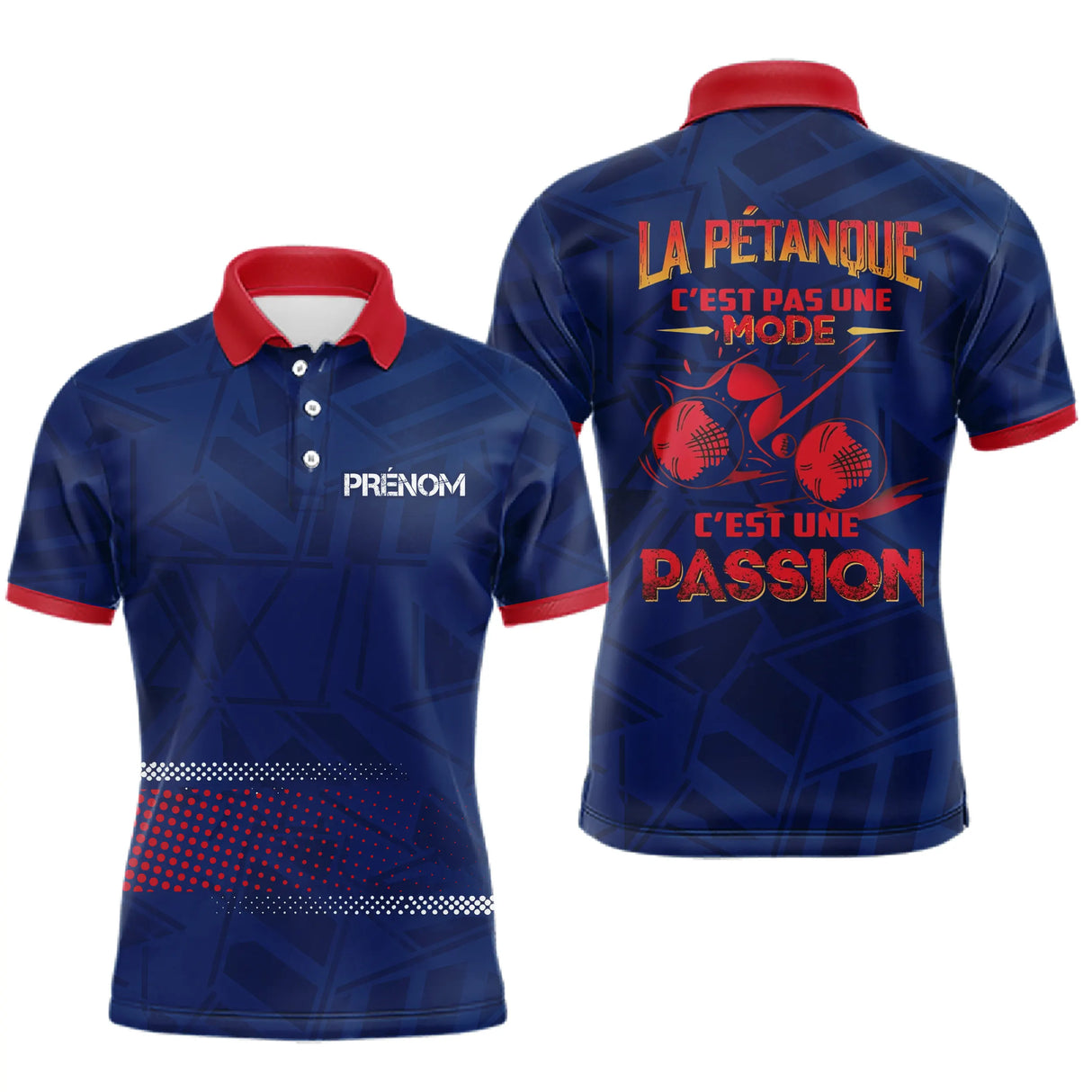 Polo Pétanque Bleu Rouge - Passion Bouliste Prénom - Polo Homme