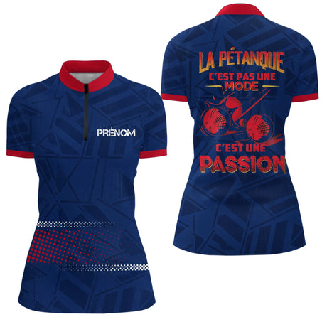 Polo Pétanque Bleu Rouge - Passion Bouliste Prénom - Polo Zippé Femme