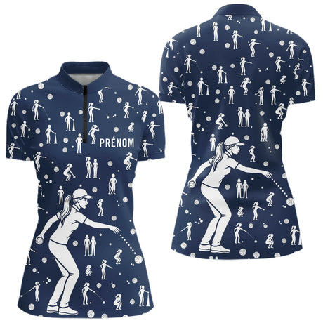 Polo Pétanque Bleu Silhouette Joueurs - Homme Femme - Polo Zippé Femme