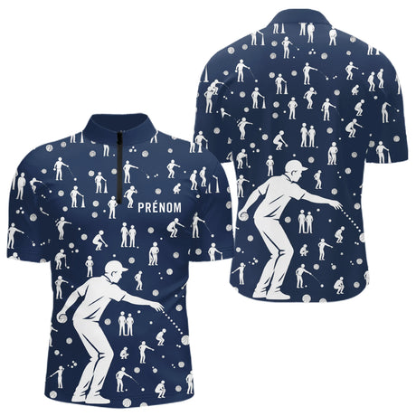 Polo Pétanque Bleu Silhouette Joueurs - Homme Femme - Polo Zippé Homme
