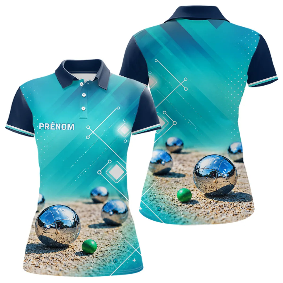 Polo Pétanque Bleu Turquoise - Vert Cochonnet Prénom - Polo Femme
