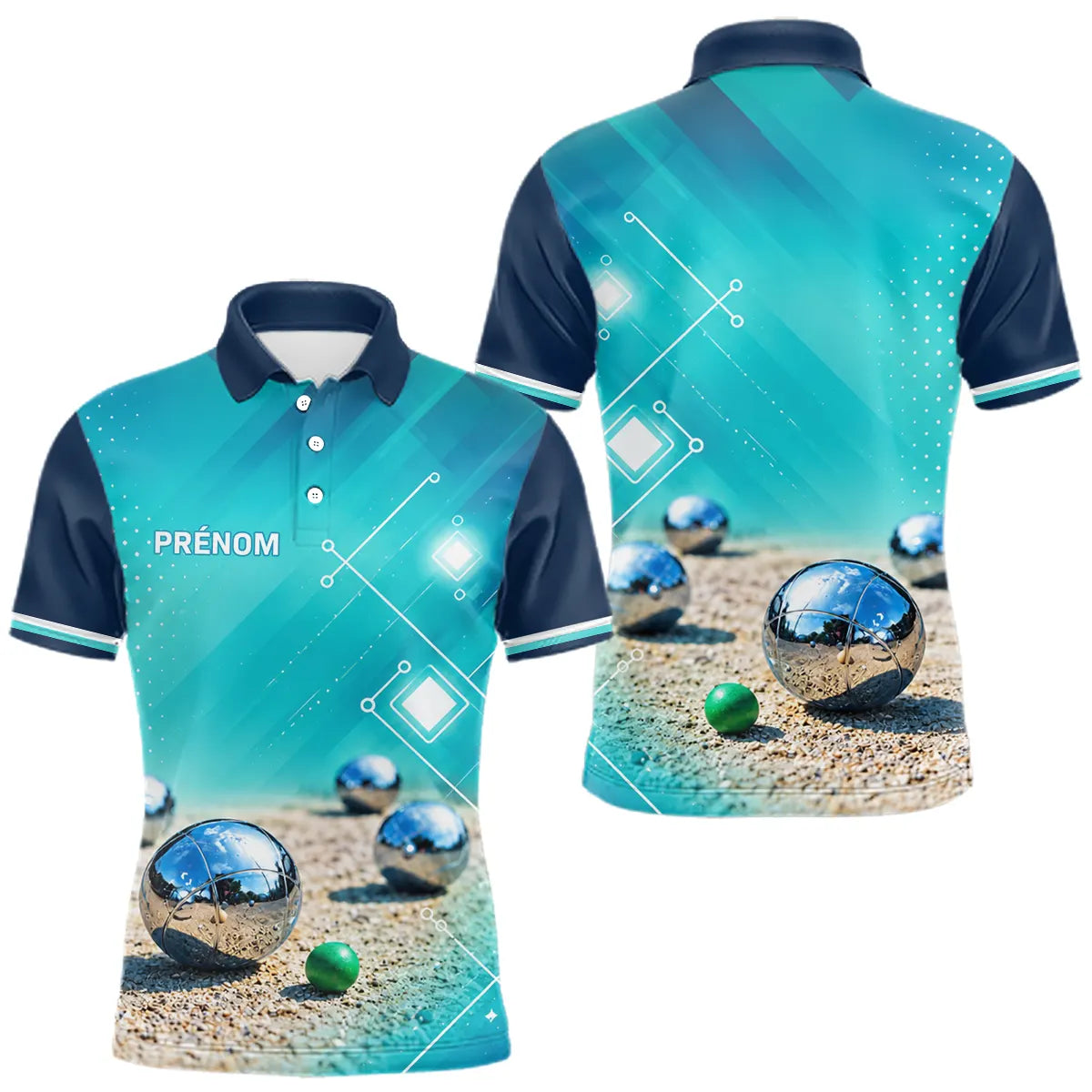 Polo Pétanque Bleu Turquoise - Vert Cochonnet Prénom - Polo Homme