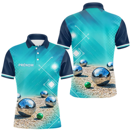 Polo Pétanque Bleu Turquoise - Vert Cochonnet Prénom - Polo Homme