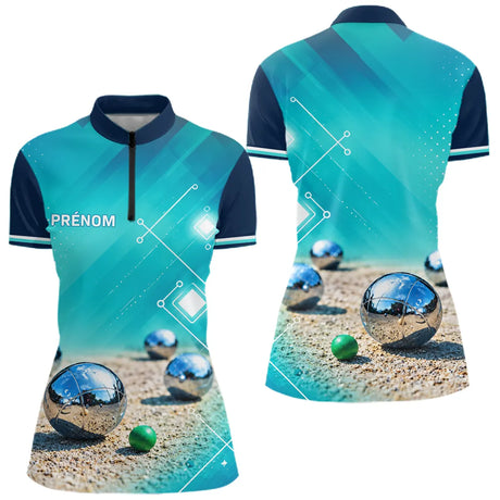 Polo Pétanque Bleu Turquoise - Vert Cochonnet Prénom - Polo Zippé Femme