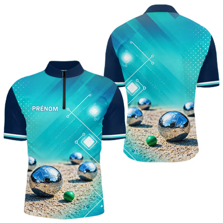 Polo Pétanque Bleu Turquoise - Vert Cochonnet Prénom - Polo Zippé Homme