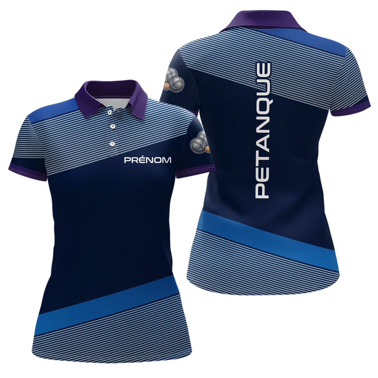 Polo Pétanque Bleu & Violet Personnalisé - Cadeau Boules Homme Femme - Polo Femme