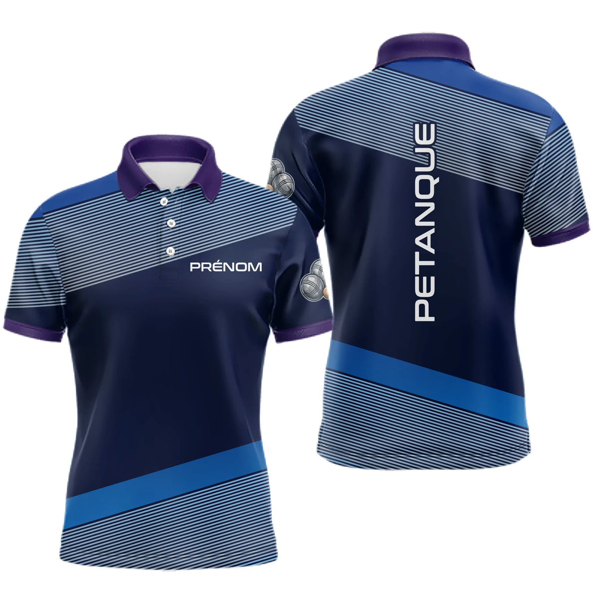 Polo Pétanque Bleu & Violet Personnalisé - Cadeau Boules Homme Femme - Polo Homme