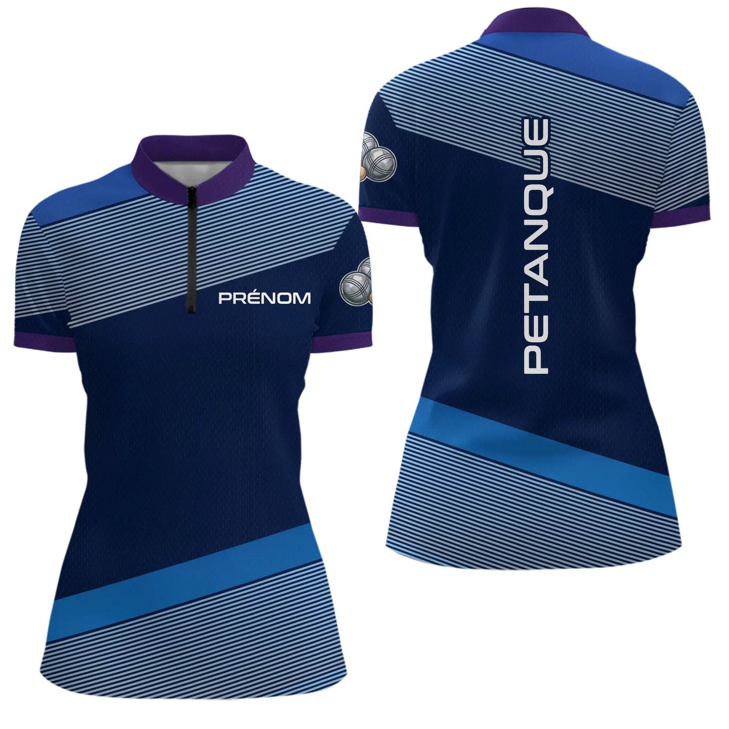 Polo Pétanque Bleu & Violet Personnalisé - Cadeau Boules Homme Femme - Polo Zippé Femme