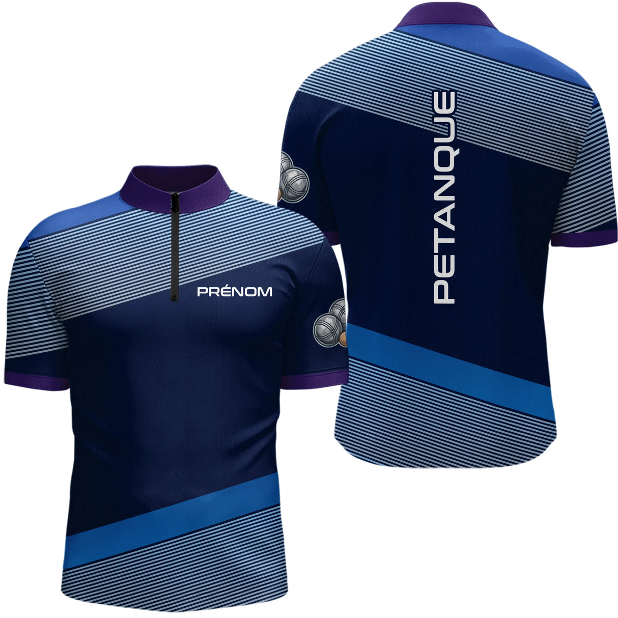 Polo Pétanque Bleu & Violet Personnalisé - Cadeau Boules Homme Femme - Polo Zippé Homme