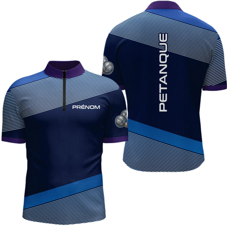 Polo Pétanque Bleu & Violet Personnalisé - Cadeau Boules Homme Femme - Polo Zippé Homme