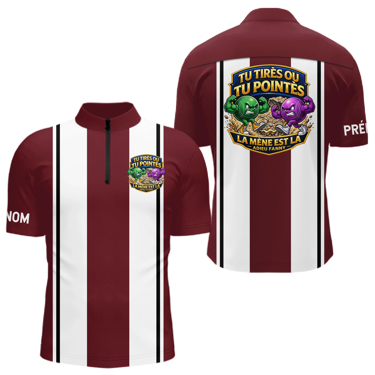 Polo Pétanque Bordeaux Rayé - Édition Limitée Rouge Blanc - Polo Zippé Homme