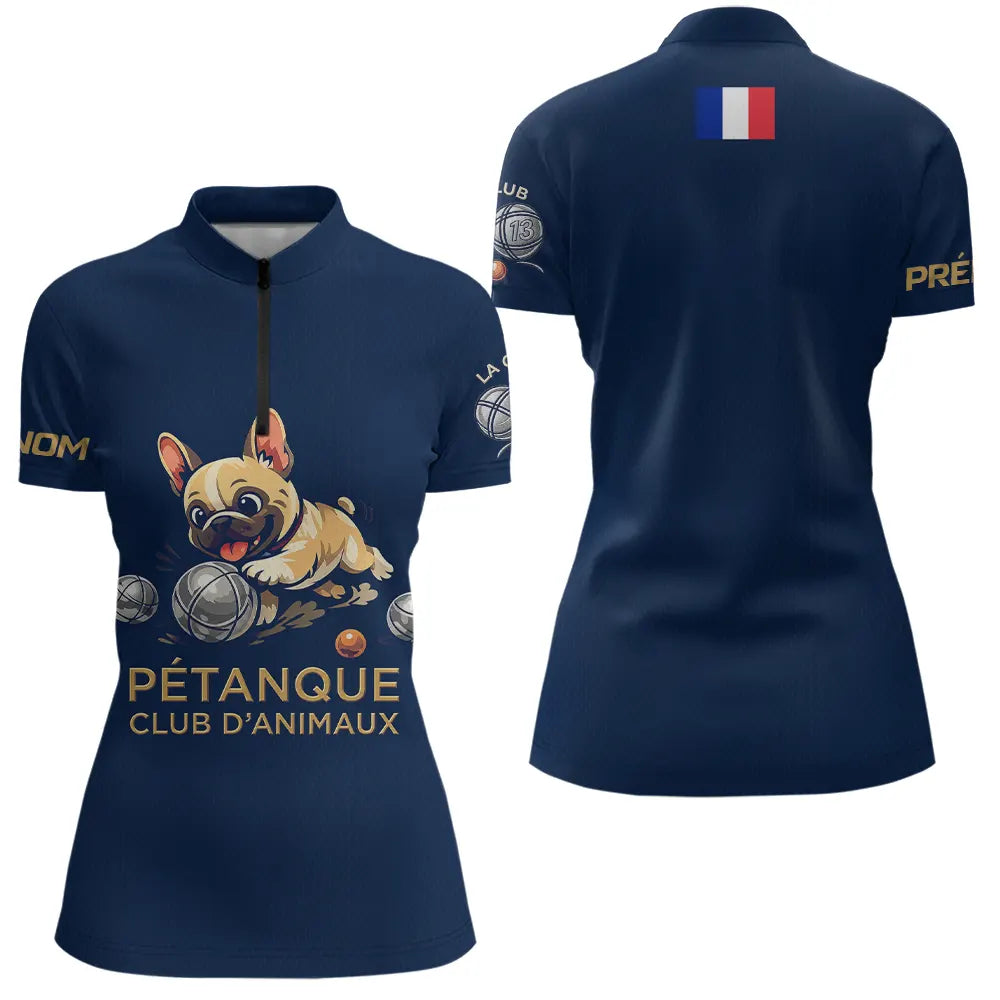 Polo Pétanque Bouledogue Homme Femme - Marine Bulldog - Polo Zippé Femme