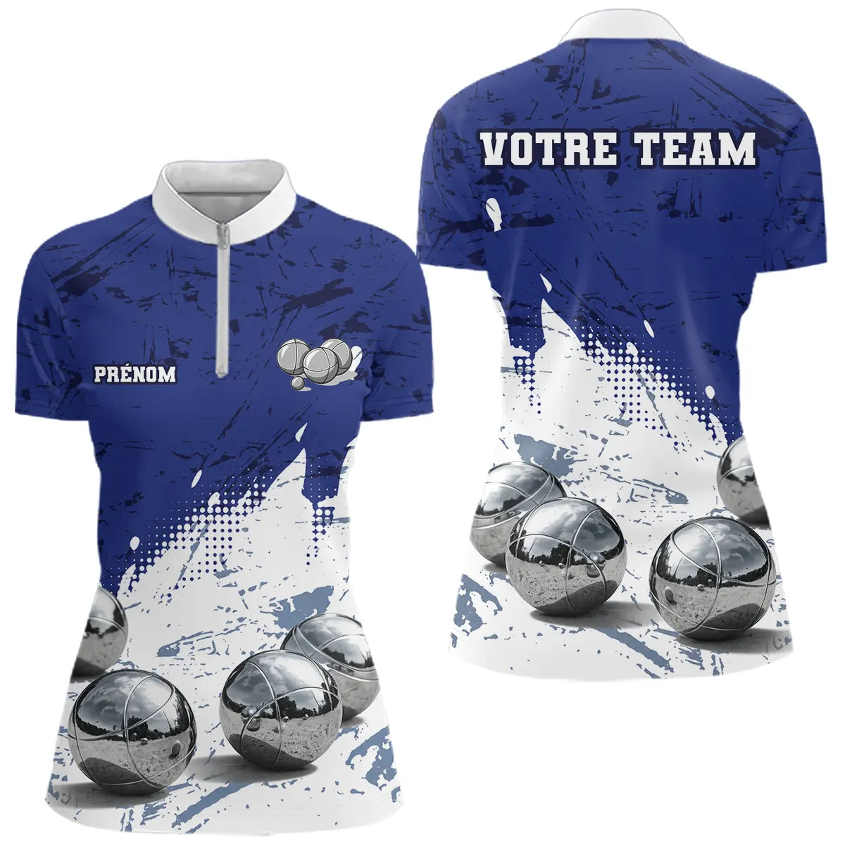 Polo Pétanque Boules Métalliques - Bleu & Blanc Team - Polo Zippé Femme