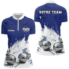 Polo Pétanque Boules Métalliques - Bleu & Blanc Team - Polo Zippé Femme