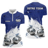 Polo Pétanque Boules Métalliques - Bleu & Blanc Team - Polo Zippé Femme