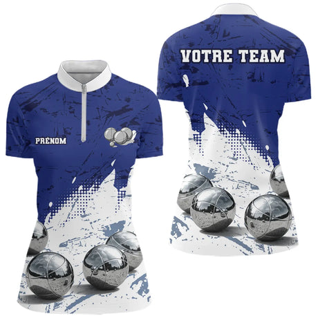 Polo Pétanque Boules Métalliques - Bleu & Blanc Team - Polo Zippé Femme
