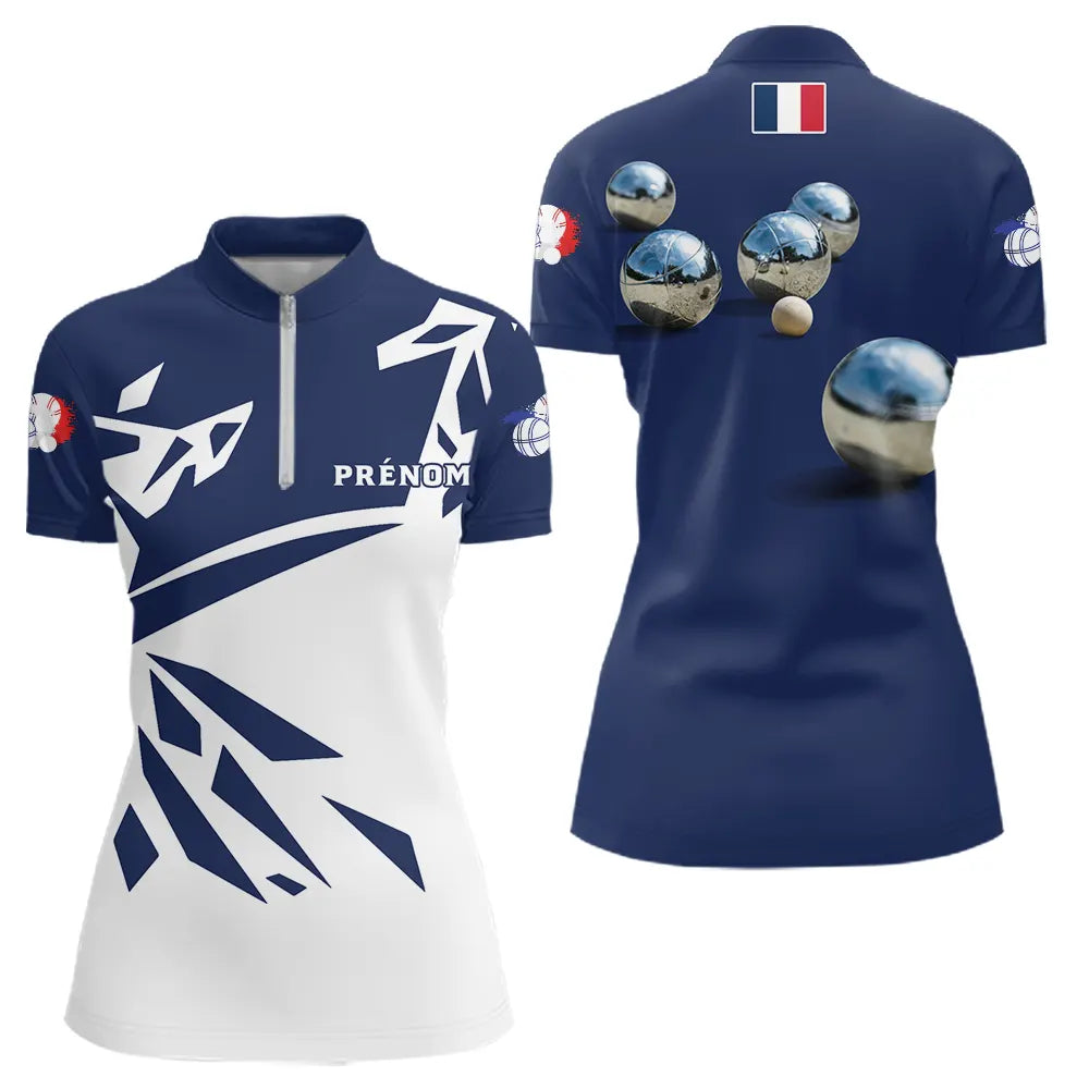 Polo Pétanque Boules Métallisées - Design Français Marine - Polo Zippé Femme