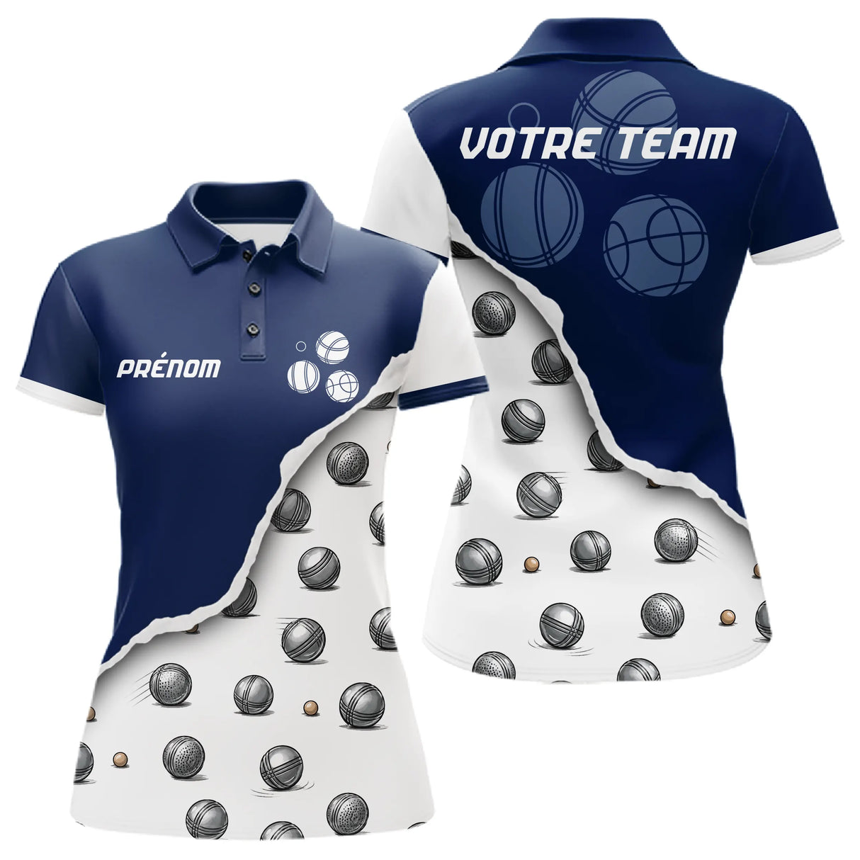Polo Pétanque Boules Original – Effet Déchiré Bleu Blanc - Polo Femme