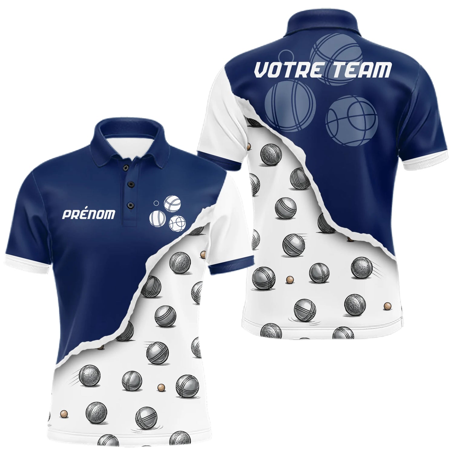 Polo Pétanque Boules Original – Effet Déchiré Bleu Blanc - Polo Homme