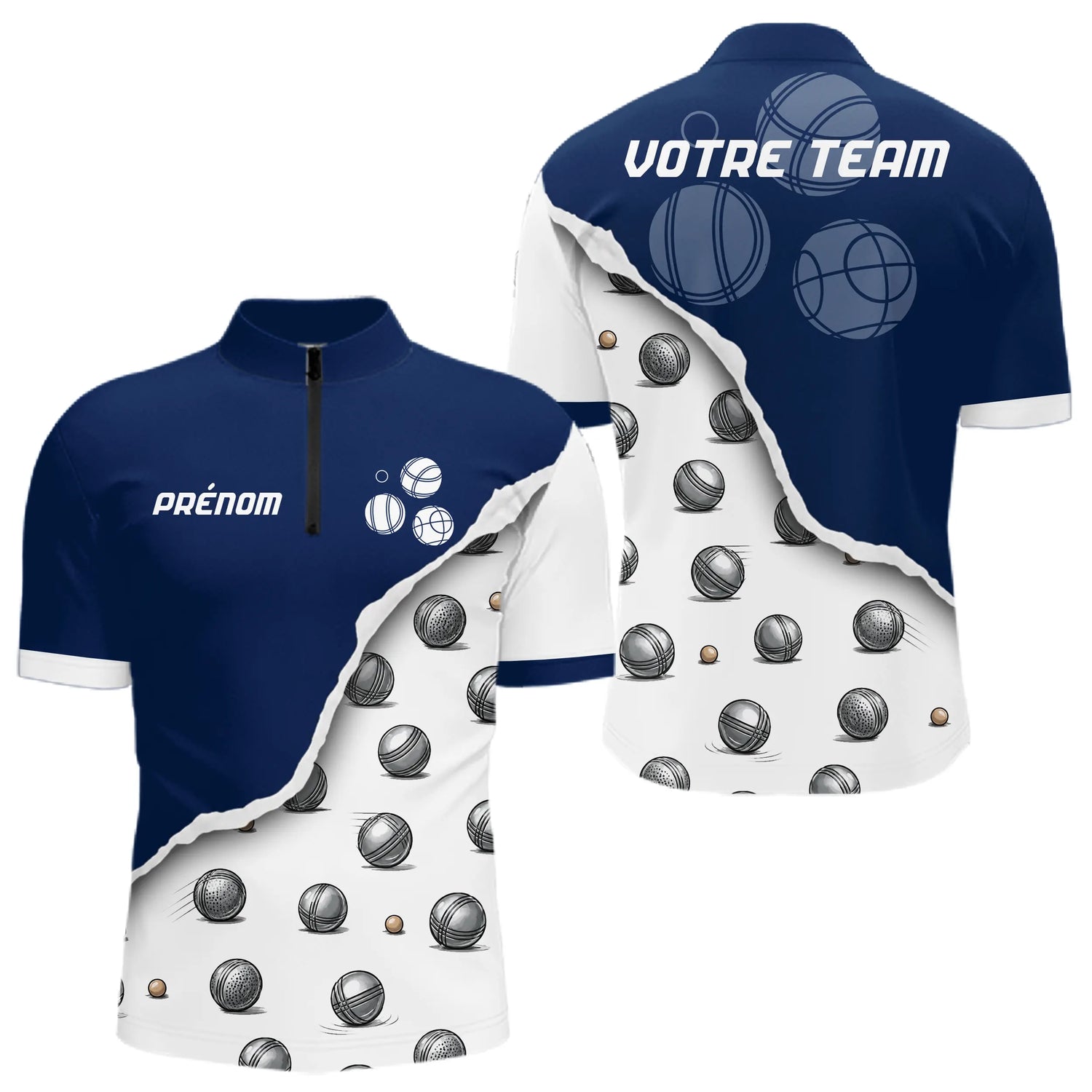 Polo Pétanque Boules Original – Effet Déchiré Bleu Blanc - Polo Zippé Homme