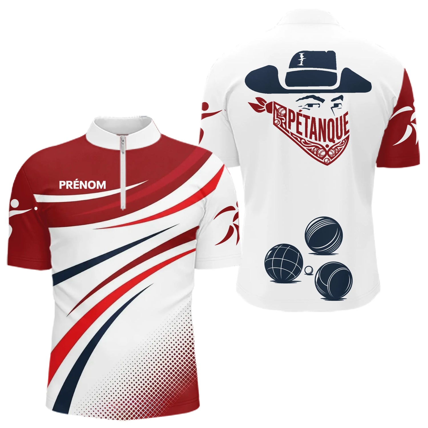 Polo Pétanque Boules Rouge Blanc - Joueur Personnalisé Tricolore - Polo Zippé Homme