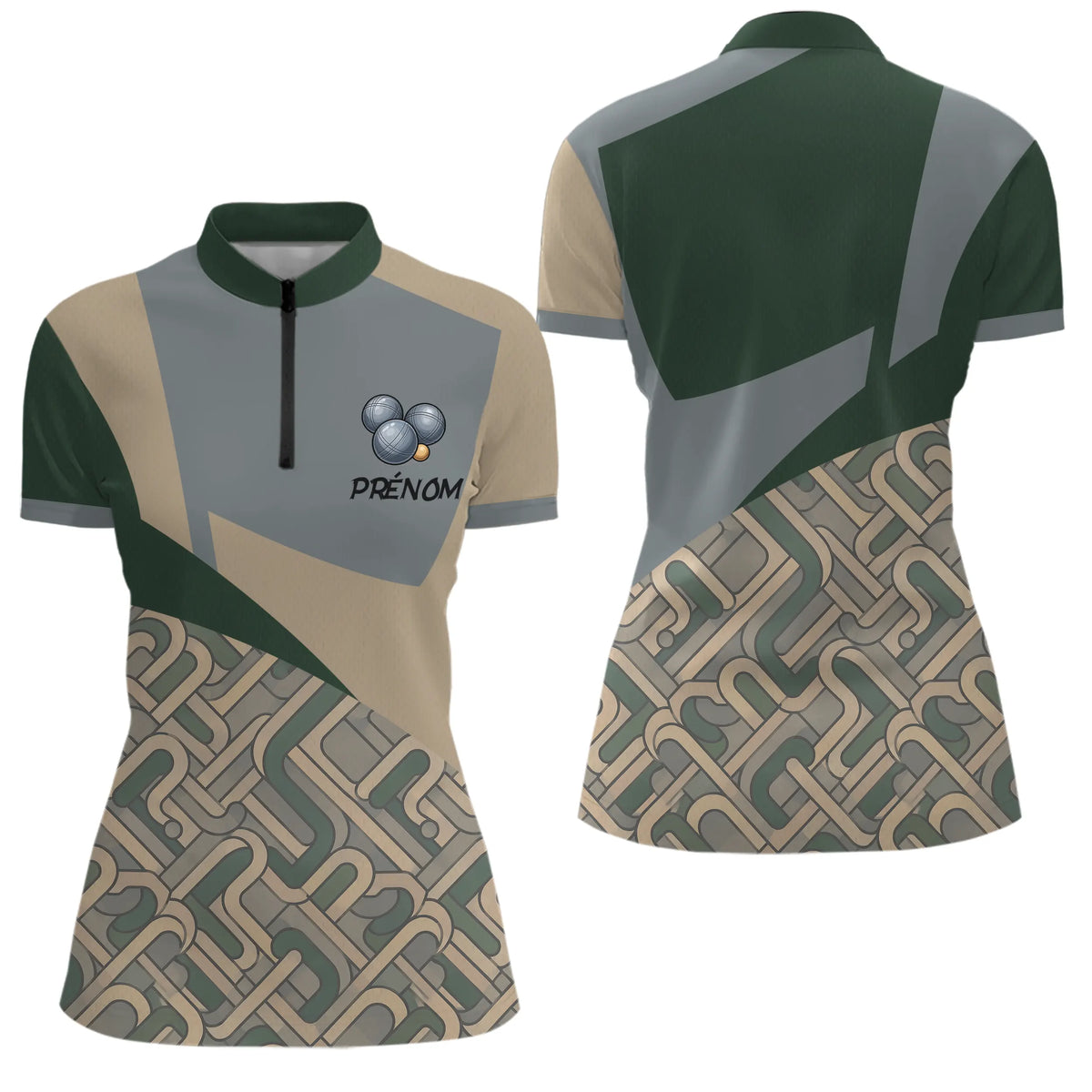 Polo Pétanque Boules Vert & Gris - Personnalisé Prénom - Polo Zippé Femme