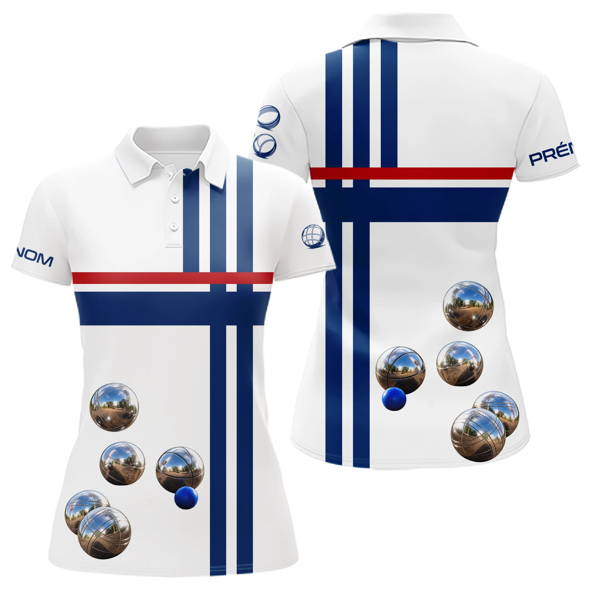Polo Pétanque Boules et Drapeau - Bleu Blanc Rouge Personnalisable - Polo Femme