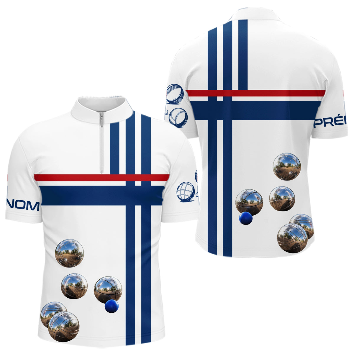 Polo Pétanque Boules et Drapeau - Bleu Blanc Rouge Personnalisable - Polo Zippé Femme