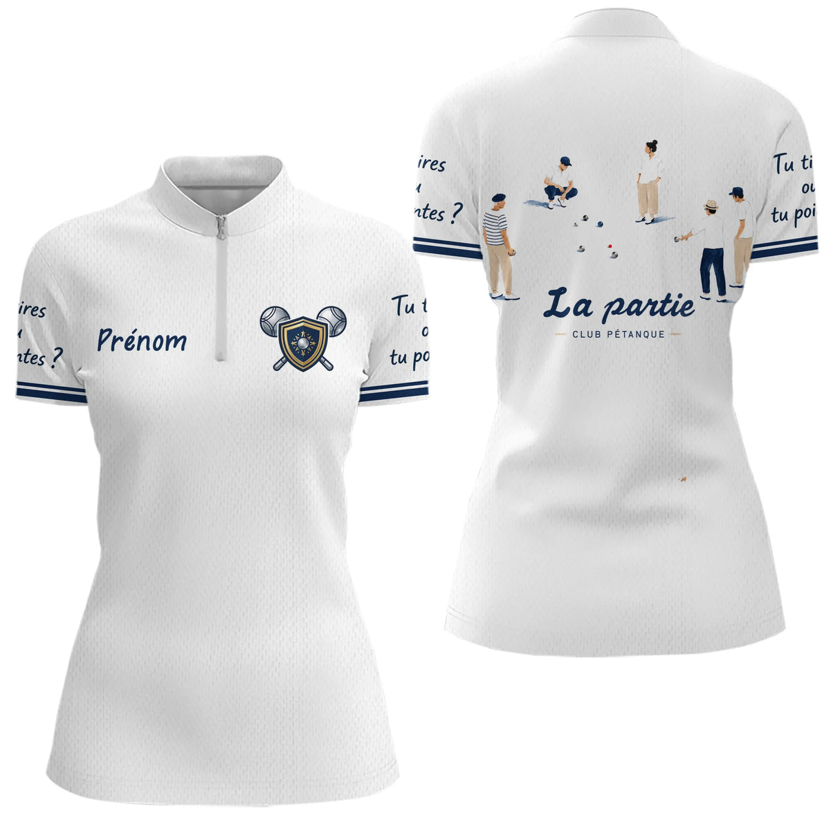 Polo Pétanque Bouliste Française - La Partie Amis Blanc - Polo Zippé Femme
