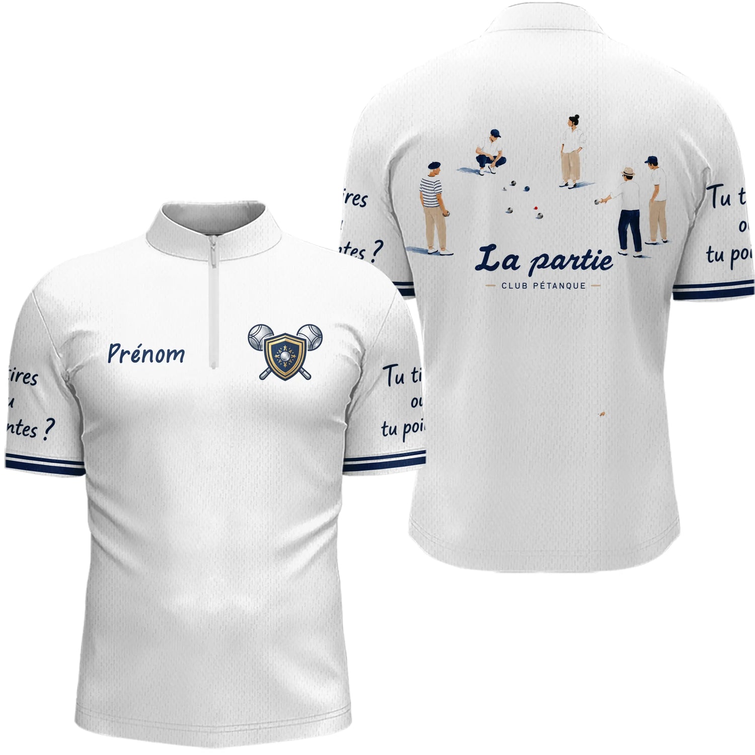 Polo Pétanque Bouliste Française - La Partie Amis Blanc - Polo Zippé Homme